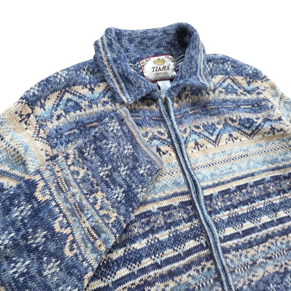 VTG Tiara International Fair Isle Sweater L Blue Nordic Fisherman Full Zip 90s